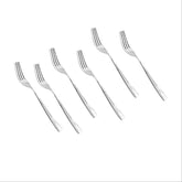 Six stainless steel dinner forks with decorative twisted handles arranged diagonally against white background